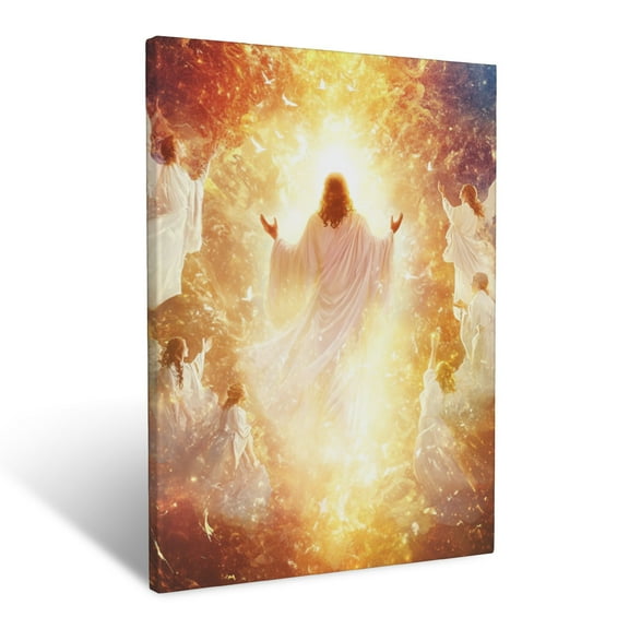 CozyNet Jesus Ascending Into Heaven, Surrounded By Glowing Light & Angels In White Robes Wall Art Prints With Frame Canvas Perfect for Living Room & Bedroom, Ready to Hang, Wall Decor 12"x16"