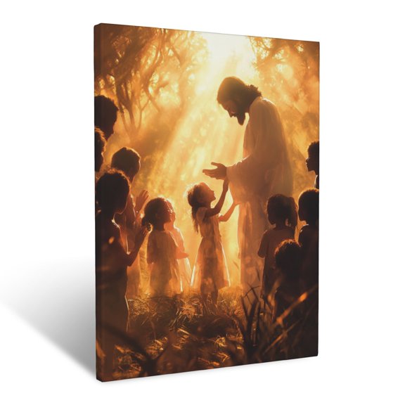 CozyNet Jesus Blessing A Group Of Children, Glowing Softly Under The Golden Rays Of The Afternoon Sun Wall Art Prints With Frame Canvas Perfect for Living Room & Bedroom, Wall Decor 12"x16"