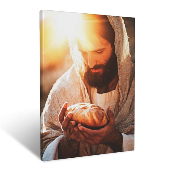 CozyNet Jesus Blessing Bread In Sunlight Hands Glowing In Sacred Moment Of Communion Wall Art Prints With Frame Canvas Perfect for Living Room & Bedroom, Ready to Hang, Wall Decor 12"x16"