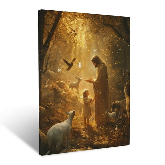 CozyNet Jesus Blessing A Child In A Glowing Forest, Peaceful Animals Surrounding The Scene Wall Art Prints With Frame Canvas Perfect for Living Room & Bedroom, Ready to Hang, Wall Decor 16"x20"