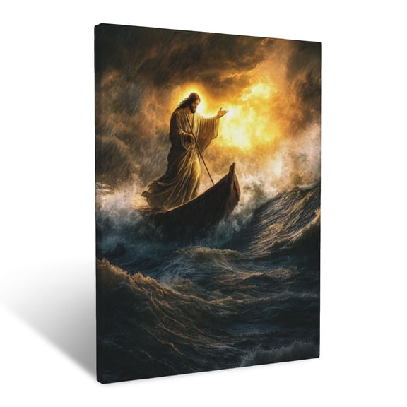 CozyNet Jesus Calming A Raging Storm At Sea With Glowing Power Trust In His Divine Strength Wall Art Prints With Frame Canvas Perfect for Living Room & Bedroom, Ready to Hang, Wall Decor 16"x20"