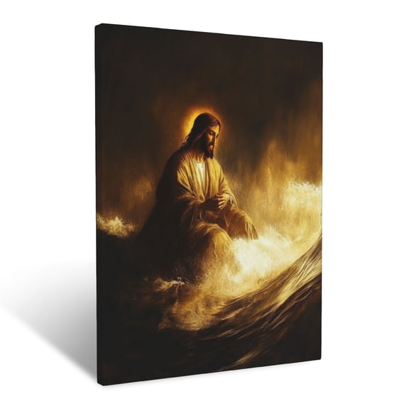 CozyNet Jesus Calming Glowing Stormy Sea Radiant Peace Spreading Amidst Turbulent Waves Wall Art Prints With Frame Canvas Perfect for Living Room & Bedroom, Ready to Hang, Wall Decor 12"x16"