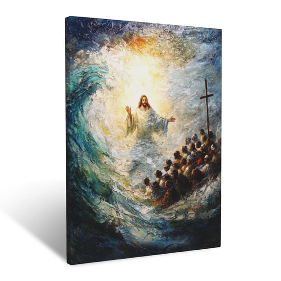 CozyNet Jesus Calming A Storm, Glowing Softly As Waves Ripple And Disciples Gaze In Awe Wall Art Prints With Frame Canvas Perfect for Living Room & Bedroom, Ready to Hang, Wall Decor 16"x20"