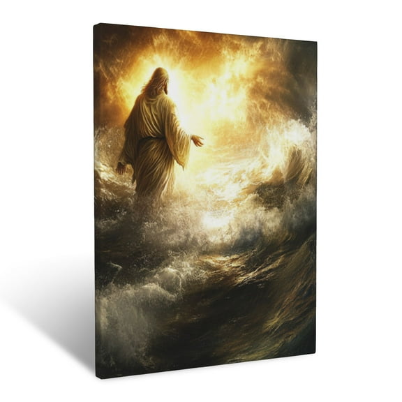 CozyNet Jesus Calming A Stormy Sea, Glowing Light Spreading Peace Over The Turbulent Waves Wall Art Prints With Frame Canvas Perfect for Living Room & Bedroom, Ready to Hang, Wall Decor 12"x16"