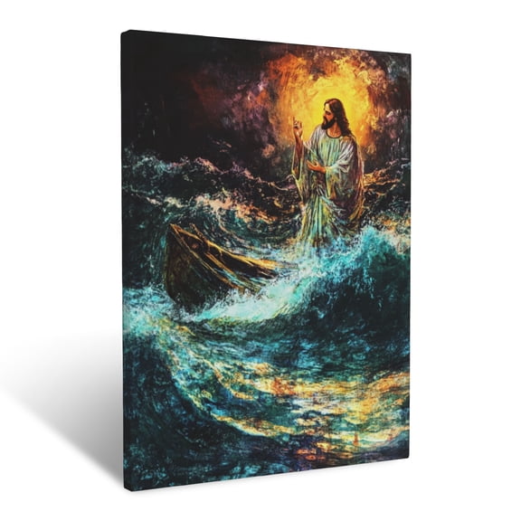 CozyNet Jesus Calming The Storm On The Sea, Glowing Softly With Divine Light Reflected On Rippling Wave Wall Art Prints With Frame Canvas Perfect for Living Room & Bedroom, Wall Decor 16"x20"