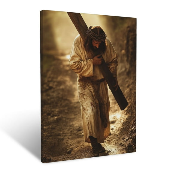 CozyNet Jesus Carrying His Cross Along The Path To Calvary In A Somber Glow Wall Art Prints With Frame Canvas Perfect for Living Room & Bedroom, Ready to Hang, Wall Decor 12"x16"