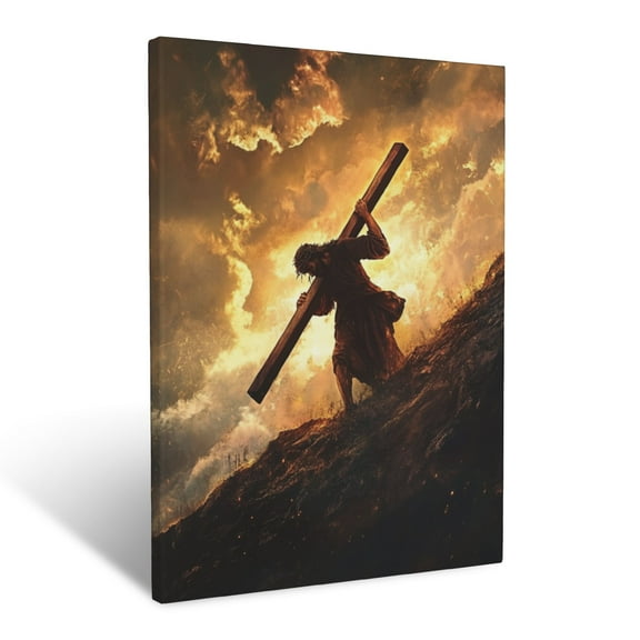 CozyNet Jesus Carrying The Cross Up A Hill Under Glowing Light With Golden Clouds Ultimate Sacrifice Wall Art Prints With Frame Canvas Perfect for Living Room & Bedroom, Wall Decor 12"x16"