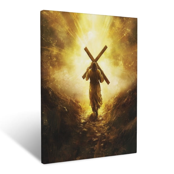 CozyNet Jesus Carrying The Cross Up A Glowing Path Surrounded By Golden Rays Sacrifice & Love Wall Art Prints With Frame Canvas Perfect for Living Room & Bedroom, Ready to Hang, Wall Decor 12"x16"