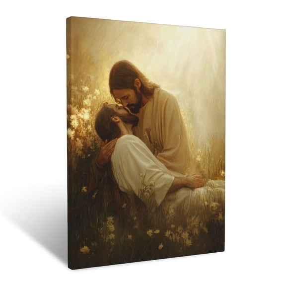 CozyNet Jesus Comforting A Weeping Soul Under Radiant Light In A Blooming Field Divine Love Wall Art Prints With Frame Canvas Perfect for Living Room & Bedroom, Ready to Hang, Wall Decor 12"x16"