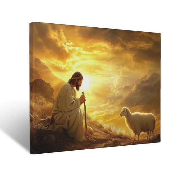 CozyNet Jesus Glowing As He Kneels Beside A Radiant Shepherd Crook Under Golden Skies Tender Moment Wall Art Prints With Frame Canvas Perfect for Living Room & Bedroom, Wall Decor 12"x16"