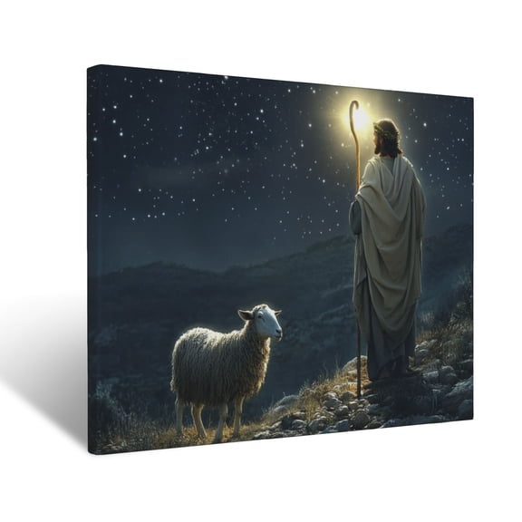 CozyNet Jesus Glowing As He Stands With A Radiant Shepherd Crook Under Starlight Tender Moment Of C Wall Art Prints With Frame Canvas Perfect for Living Room & Bedroom, Wall Decor 12"x16"