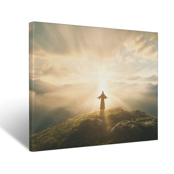CozyNet Jesus Glowing On A Hilltop, Holding Outstretched Hands Under Radiant Beams Of Holy Light Wall Art Prints With Frame Canvas Perfect for Living Room & Bedroom, Ready to Hang, Wall Decor 12"x16"