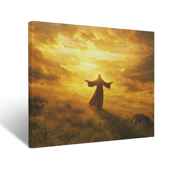 CozyNet Jesus Glowing With Open Arms, Standing In A Peaceful Valley Surrounded By Golden Clouds Wall Art Prints With Frame Canvas Perfect for Living Room & Bedroom, Ready to Hang, Wall Decor 12"x16"