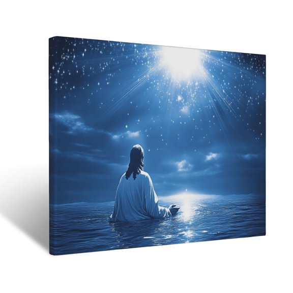 CozyNet Jesus Glowing In A Starry Sky, Calming The Sea With Divine Peace Under Heavenly Beams Wall Art Prints With Frame Canvas Perfect for Living Room & Bedroom, Ready to Hang, Wall Decor 12"x16"