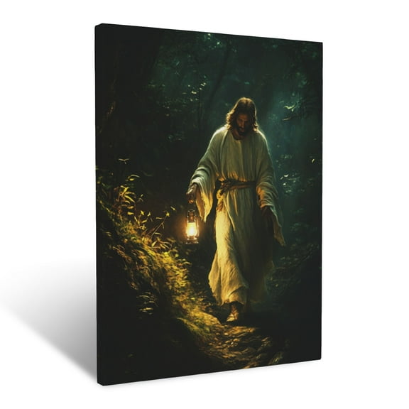 CozyNet Jesus Holding A Lantern, Walking On A Narrow Path Through A Darkened Forest Wall Art Prints With Frame Canvas Perfect for Living Room & Bedroom, Ready to Hang, Wall Decor 12"x16"