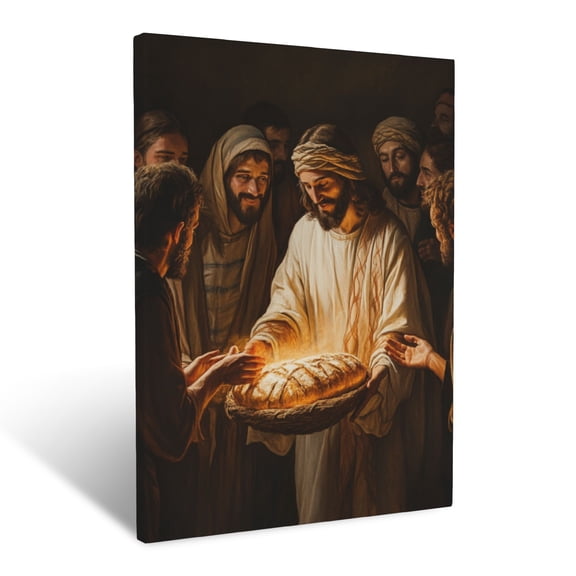 CozyNet Jesus Holding A Loaf Of Bread, Sharing With Followers, Glowing Light Around The Group Wall Art Prints With Frame Canvas Perfect for Living Room & Bedroom, Ready to Hang, Wall Decor 12"x16"