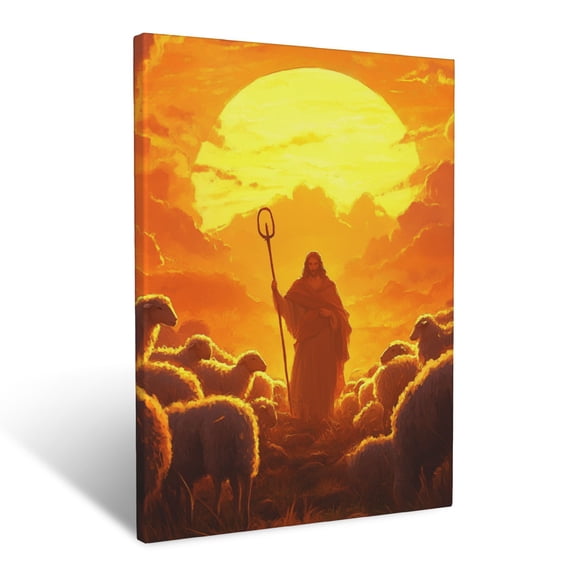 CozyNet Jesus Holding A Shepherd Staff Surrounded By Sheep Under A Warm Sunset Wall Art Prints With Frame Canvas Perfect for Living Room & Bedroom, Ready to Hang, Wall Decor 12"x16"