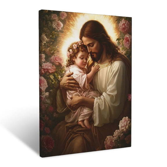 CozyNet Jesus Holding A Child Surrounded By Glowing Light & Blooming Roses Divine Protection Wall Art Prints With Frame Canvas Perfect for Living Room & Bedroom, Ready to Hang, Wall Decor 12"x16"