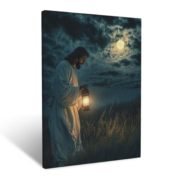 CozyNet Jesus Holding A Glowing Lantern In A Serene Field Under Moonlight Wall Art Prints With Frame Canvas Perfect for Living Room & Bedroom, Ready to Hang, Wall Decor 12"x16"