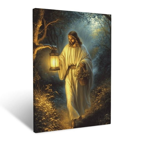 CozyNet Jesus Holding A Glowing Lantern, Walking Along A Serene Path Surrounded By Soft Divine Light Wall Art Prints With Frame Canvas Perfect for Living Room & Bedroom, Wall Decor 12"x16"