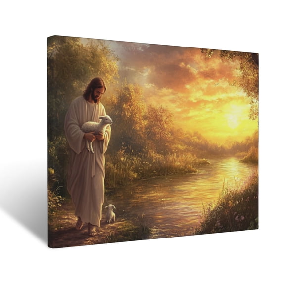 CozyNet Jesus Holding A Little Lamb, Walking By Still Waters, Under A Glowing Sunset Sky Wall Art Prints With Frame Canvas Perfect for Living Room & Bedroom, Ready to Hang, Wall Decor 12"x16"
