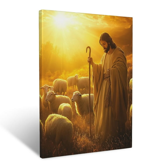 CozyNet Jesus Holding A Shepherd Staff With Sheep Under A Golden Sunset Glow Wall Art Prints With Frame Canvas Perfect for Living Room & Bedroom, Ready to Hang, Wall Decor 16"x20"