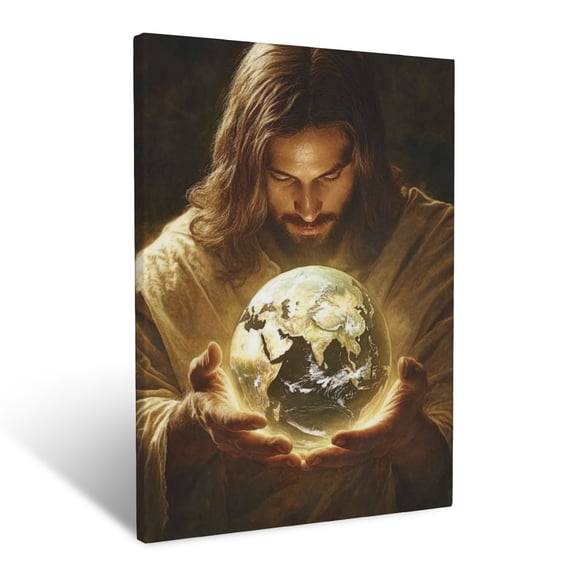 CozyNet Jesus Holding The World In His Hands Glowing Globe & Divine Sovereignty Depicted Wall Art Prints With Frame Canvas Perfect for Living Room & Bedroom, Ready to Hang, Wall Decor 12"x16"