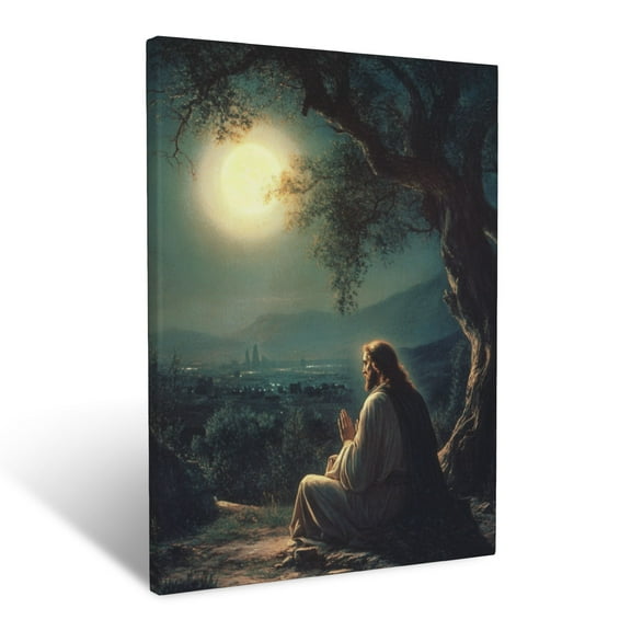 CozyNet Jesus Kneeling In Prayer In The Garden Of Gethsemane, Glowing Moonlight Shining Wall Art Prints With Frame Canvas Perfect for Living Room & Bedroom, Ready to Hang, Wall Decor 12"x16"