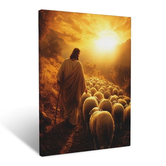 CozyNet Jesus Leading A Flock Of Sheep Under The Golden Glow Of A Radiant Sunset Wall Art Prints With Frame Canvas Perfect for Living Room & Bedroom, Ready to Hang, Wall Decor 12"x16"