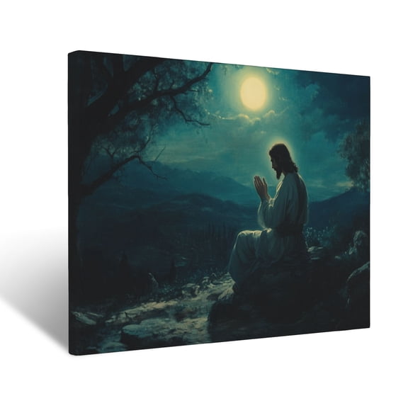 CozyNet Jesus Praying In Gethsemane, His Glowing Hands Lifted Toward A Radiant Moonlit Sky Wall Art Prints With Frame Canvas Perfect for Living Room & Bedroom, Ready to Hang, Wall Decor 16"x20"