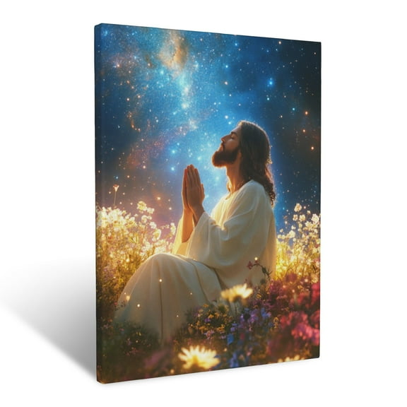 CozyNet Jesus Praying In A Glowing Garden Under A Starry Sky Surrounded By Blooming Flowers Humble De Wall Art Prints With Frame Canvas Perfect for Living Room & Bedroom, Wall Decor 12"x16"