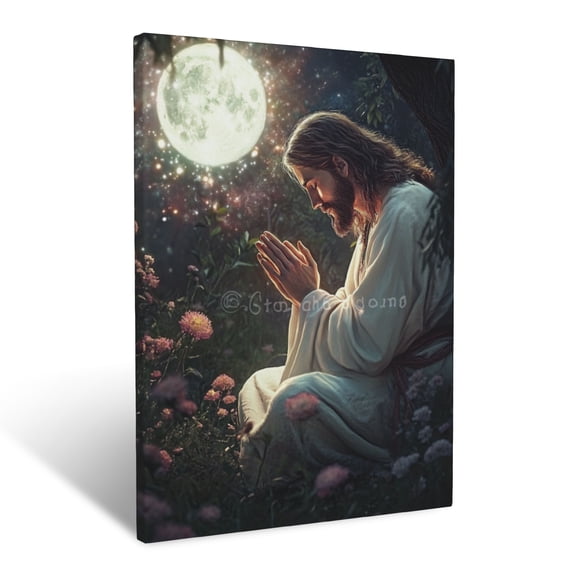 CozyNet Jesus Praying In A Garden Under Radiant Moonlight With Glowing Flowers Around Him Devotion Wall Art Prints With Frame Canvas Perfect for Living Room & Bedroom, Wall Decor 12"x16"