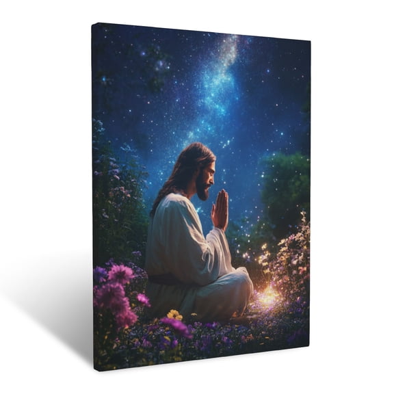 CozyNet Jesus Praying In A Glowing Garden Under A Starry Sky Surrounded By Radiant Flowers Devotion & Wall Art Prints With Frame Canvas Perfect for Living Room & Bedroom, Wall Decor 12"x16"