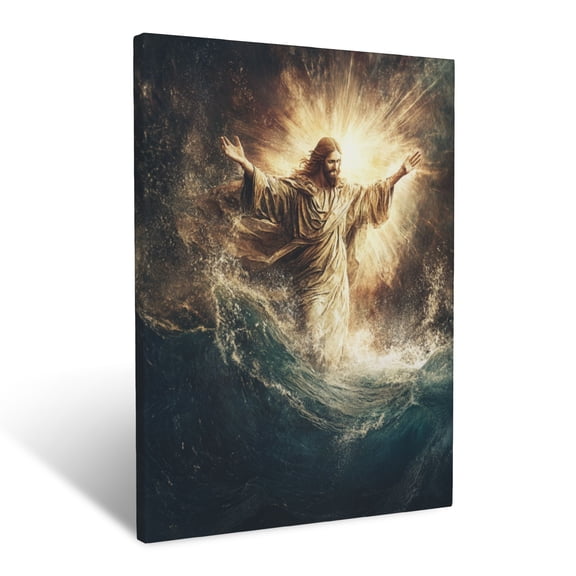 CozyNet Jesus Reaching Out To Calm The Storm, Glowing Softly With Divine Light Reflected On Rippling Wa Wall Art Prints With Frame Canvas Perfect for Living Room & Bedroom, Wall Decor 16"x20"