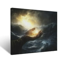 CozyNet Jesus Reaching Out To A Sinking Hand, Glowing With Divine Light Over Stormy Waters Wall Art Prints With Frame Canvas Perfect for Living Room & Bedroom, Ready to Hang, Wall Decor 12"x16"