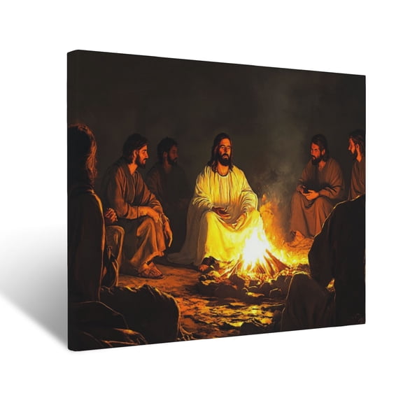 CozyNet Jesus Seated By A Glowing Campfire, Surrounded By Disciples Under Radiant Light Wall Art Prints With Frame Canvas Perfect for Living Room & Bedroom, Ready to Hang, Wall Decor 16"x20"