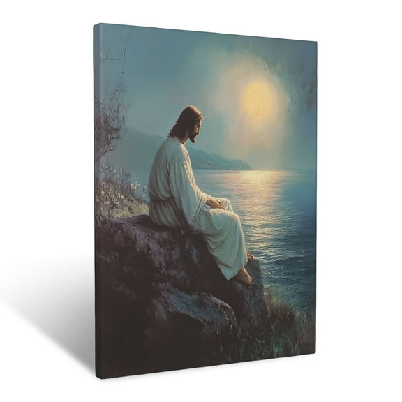 CozyNet Jesus Seated On A Glowing Rock By The Sea A Serene Figure Surrounded By Peace & Calm Wall Art Prints With Frame Canvas Perfect for Living Room & Bedroom, Ready to Hang, Wall Decor 12"x16"