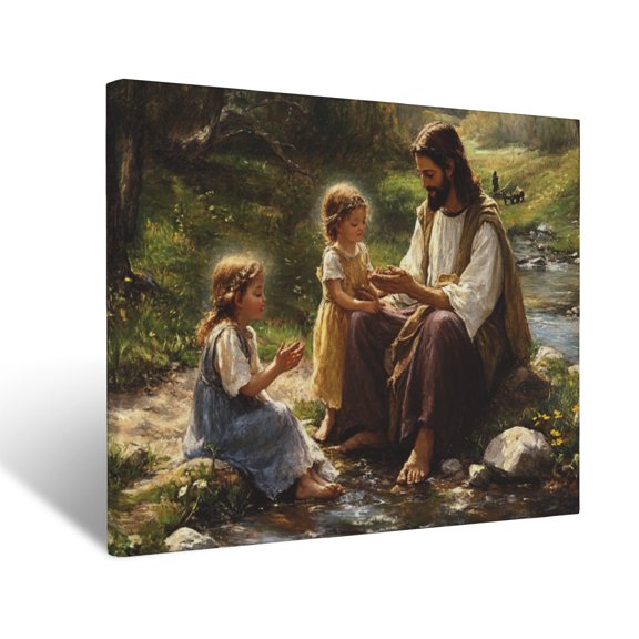 CozyNet Jesus Sitting With Glowing Children By A Stream Serene Moment Symbolizing Joy, Love & Eternal Wall Art Prints With Frame Canvas Perfect for Living Room & Bedroom, Wall Decor 16"x20"