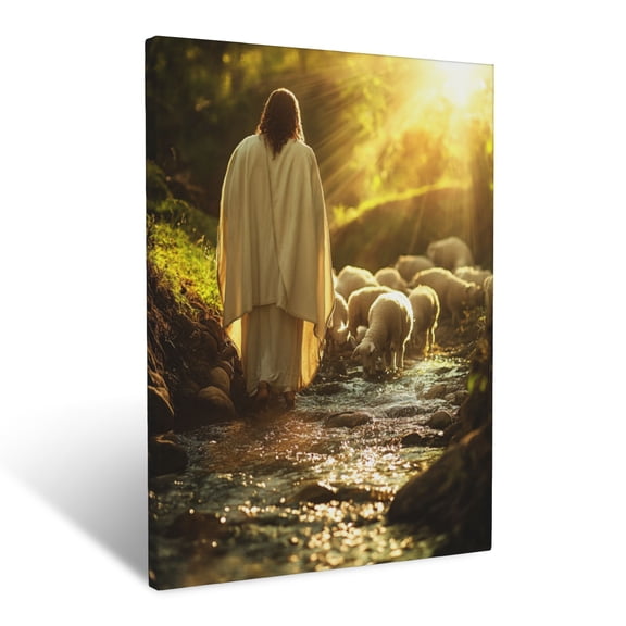 CozyNet Jesus Standing By A Peaceful Stream Under Golden Rays With Lambs Gathered Around Divine Care Wall Art Prints With Frame Canvas Perfect for Living Room & Bedroom, Wall Decor 12"x16"