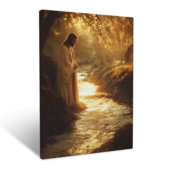 CozyNet Jesus Standing By A Gentle Stream Glowing With Golden Light In A Peaceful Meadow Savior Wall Art Prints With Frame Canvas Perfect for Living Room & Bedroom, Ready to Hang, Wall Decor 12"x16"