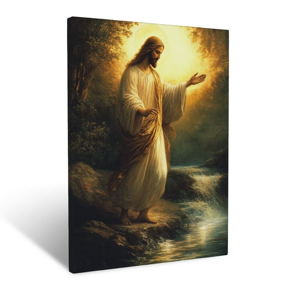 CozyNet Jesus Standing By A Glowing River With Outstretched Arms Symbol Of Mercy & Faith Wall Art Prints With Frame Canvas Perfect for Living Room & Bedroom, Ready to Hang, Wall Decor 12"x16"