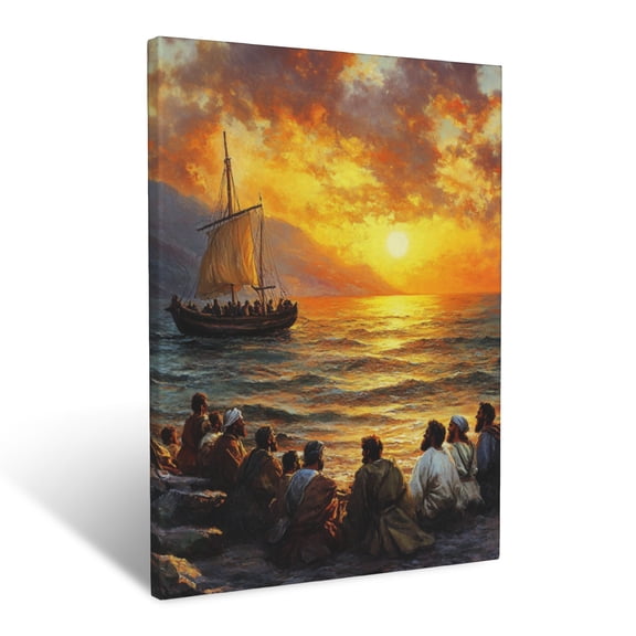 CozyNet Jesus Teaching His Disciples By The Sea Under A Warm, Golden Glow Of The Setting Sun Wall Art Prints With Frame Canvas Perfect for Living Room & Bedroom, Ready to Hang, Wall Decor 12"x16"
