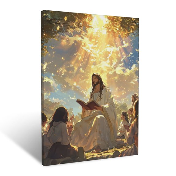 CozyNet Jesus Teaching Under A Glowing Sky Of Golden Light Serene Divine Wisdom & Peaceful Presence Wall Art Prints With Frame Canvas Perfect for Living Room & Bedroom, Wall Decor 12"x16"