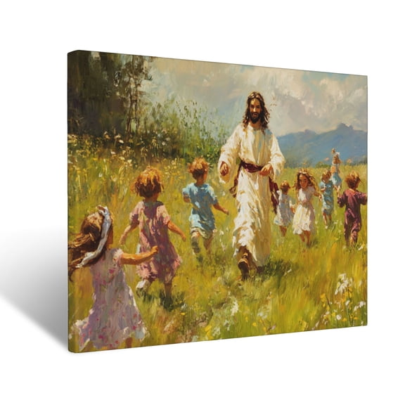 CozyNet Jesus Walking Among Children Playing In A Meadow, Radiating Kindness & Joy Wall Art Prints With Frame Canvas Perfect for Living Room & Bedroom, Ready to Hang, Wall Decor 12"x16"