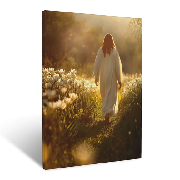 CozyNet Jesus Walking Among Lilies In A Peaceful Meadow Under Soft Light Wall Art Prints With Frame Canvas Perfect for Living Room & Bedroom, Ready to Hang, Wall Decor 12"x16"