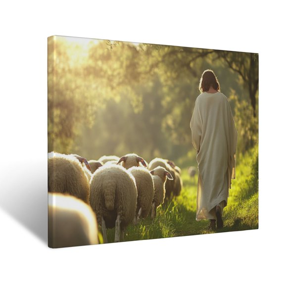 CozyNet Jesus Walking Among Sheep Radiant Light Surrounding Him, Symbolizing Care, Love & Protection Wall Art Prints With Frame Canvas Perfect for Living Room & Bedroom, Wall Decor 12"x16"