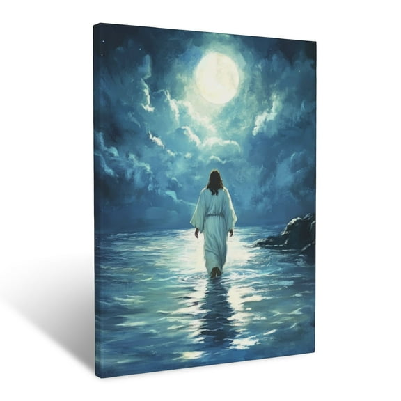 CozyNet Jesus Walking On Calm Water Under A Peaceful, Glowing Moonlit Sky Wall Art Prints With Frame Canvas Perfect for Living Room & Bedroom, Ready to Hang, Wall Decor 12"x16"