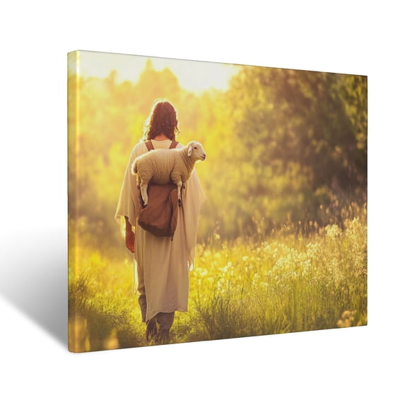 CozyNet Jesus Walking Through A Glowing Meadow, Holding A Lamb Gently On His Shoulders Wall Art Prints With Frame Canvas Perfect for Living Room & Bedroom, Ready to Hang, Wall Decor 16"x20"