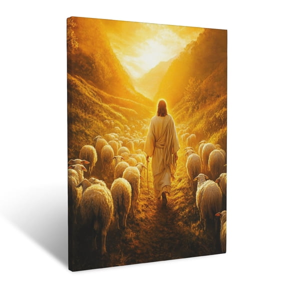 CozyNet Jesus Walking In A Glowing Valley Surrounded By Sheep Under Golden Sunlight Care & Divine Gui Wall Art Prints With Frame Canvas Perfect for Living Room & Bedroom, Wall Decor 12"x16"
