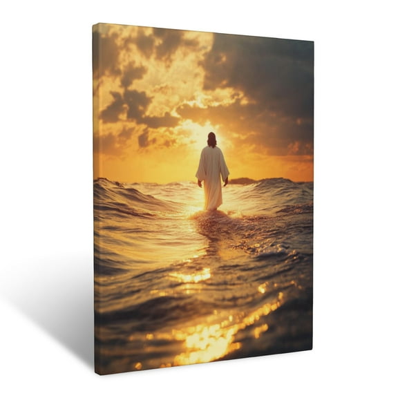 CozyNet Jesus Walking On Glowing Water Surrounded By Calm Waves At Sunset Wall Art Prints With Frame Canvas Perfect for Living Room & Bedroom, Ready to Hang, Wall Decor 12"x16"